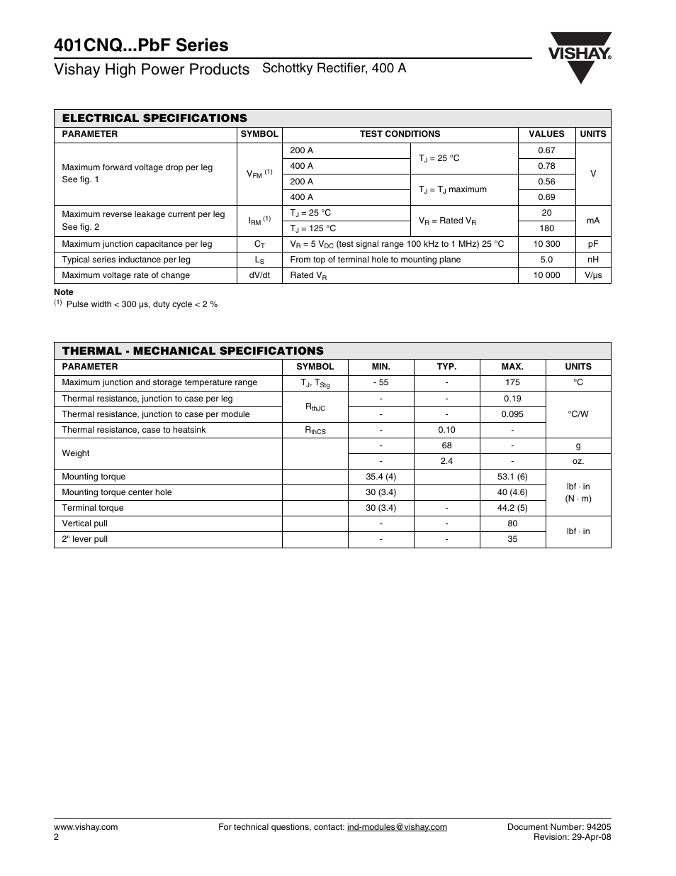 401cnq...pbf series, Vishay high power products, Schottky rectifier, 400 a | C&H Technology 401CNQ...PbF Series User Manual | Page 3 / 7