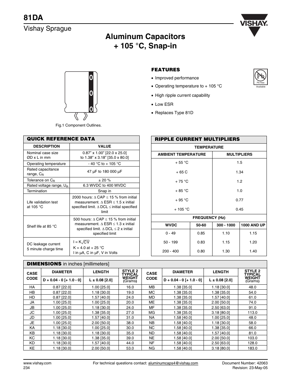 81da, Aluminum capacitors + 105 °c, snap-in, Vishay sprague | C&H Technology 81DA User Manual | Page 2 / 4