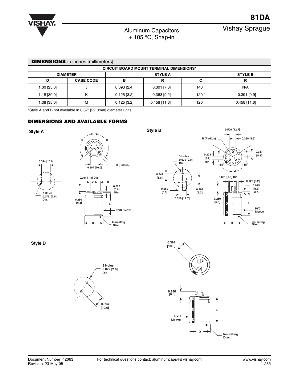 81da, Vishay sprague, Aluminum capacitors + 105 °c, snap-in | Dimensions in inches [millimeters, Dimensions and available forms, Style a, Style d style b | C&H Technology 81DA User Manual | Page 3 / 4