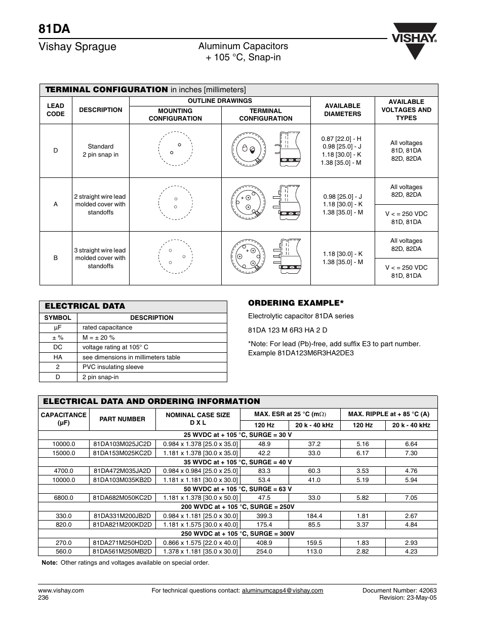 81da, Vishay sprague, Aluminum capacitors + 105 °c, snap-in | C&H Technology 81DA User Manual | Page 4 / 4