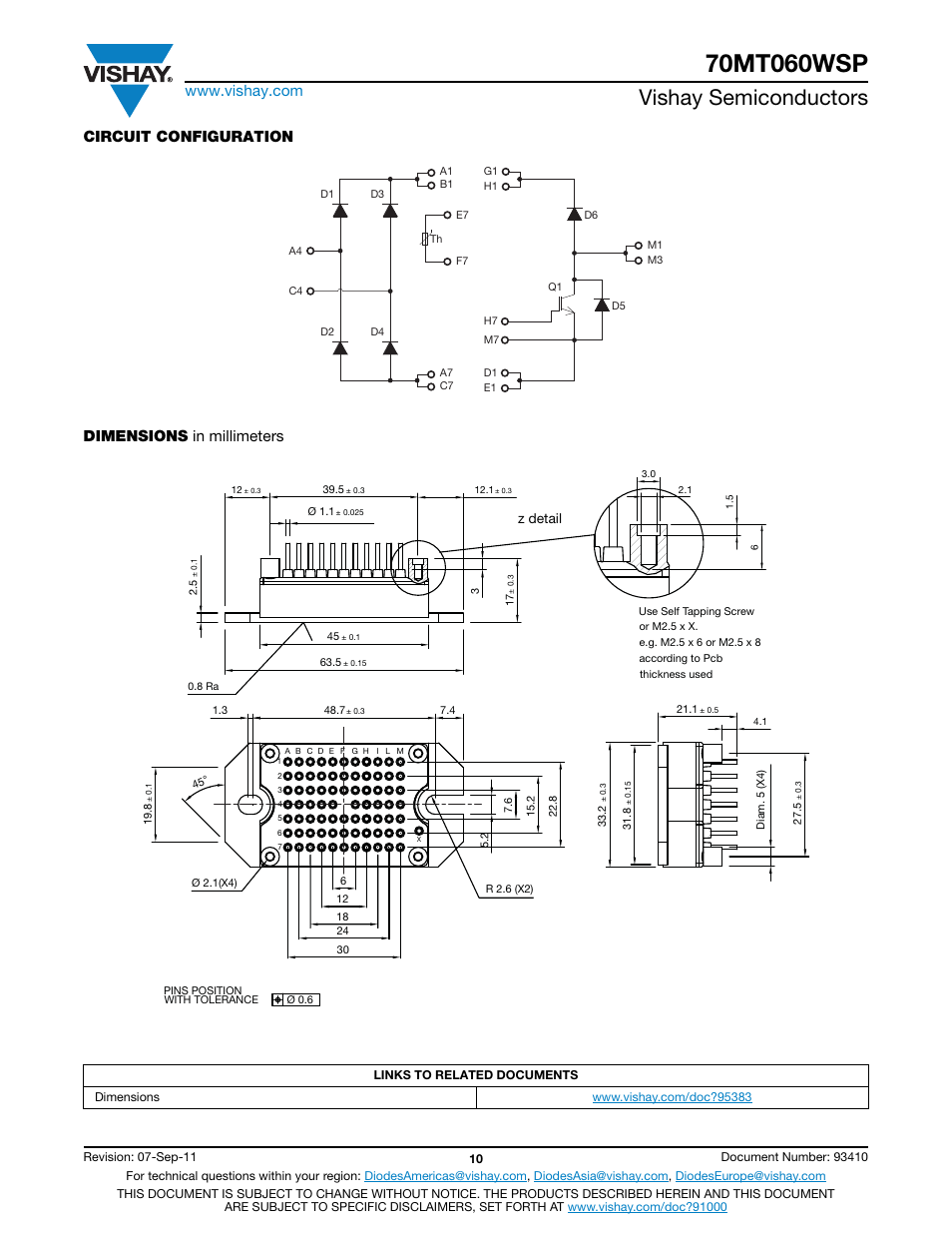 Vishay semiconductors, Circuit configuration dimensions in millimeters | C&H Technology 70MT060WSP User Manual | Page 11 / 13