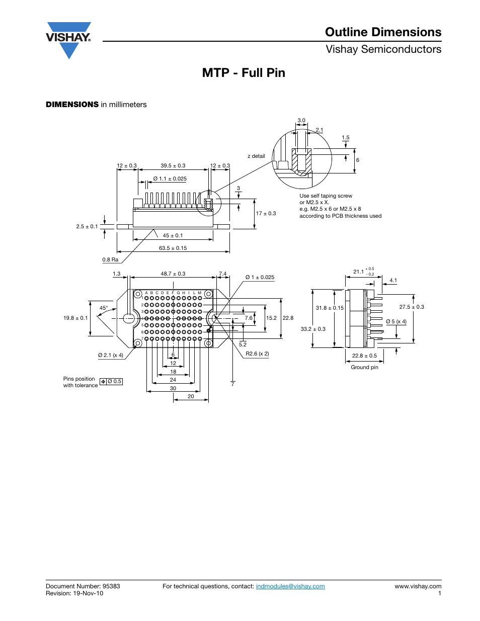 Package drawings - 95383, Mtp - full pin outline dimensions, Vishay semiconductors | Dimensions in millimeters | C&H Technology 70MT060WSP User Manual | Page 12 / 13