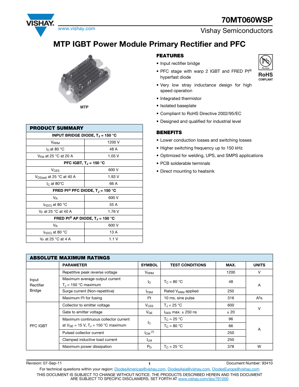 Datasheet, Mtp igbt power module primary rectifier and pfc, Vishay semiconductors | C&H Technology 70MT060WSP User Manual | Page 2 / 13