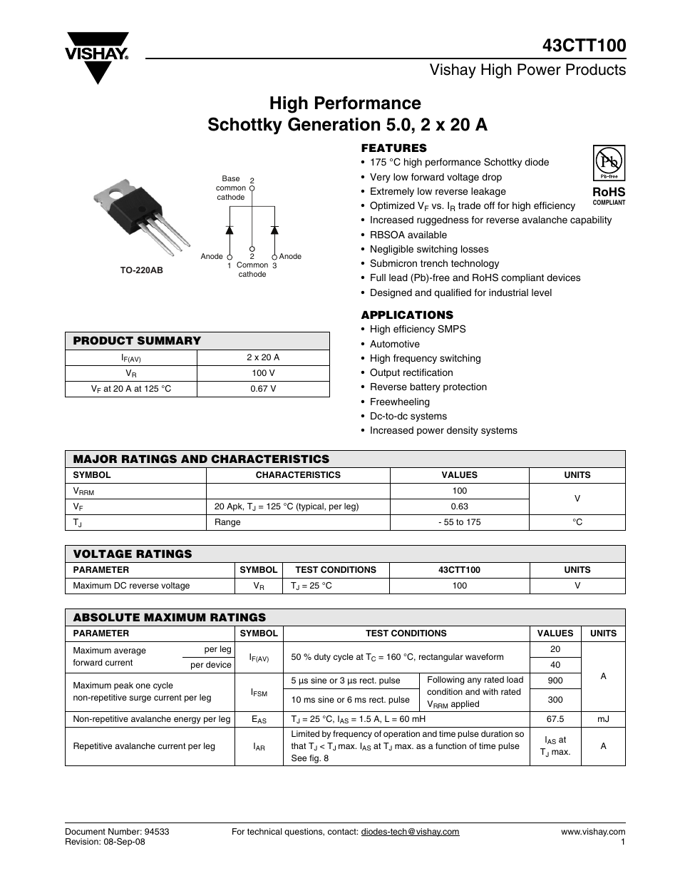 Datasheet, Vishay high power products, Rohs | C&H Technology 43CTT100 User Manual | Page 2 / 8