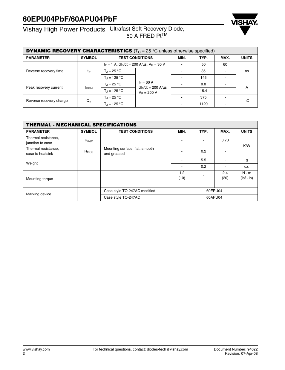 Vishay high power products, Ultrafast soft recovery diode, 60 a fred pt | Vishay 60APU04PbF User Manual | Page 2 / 7