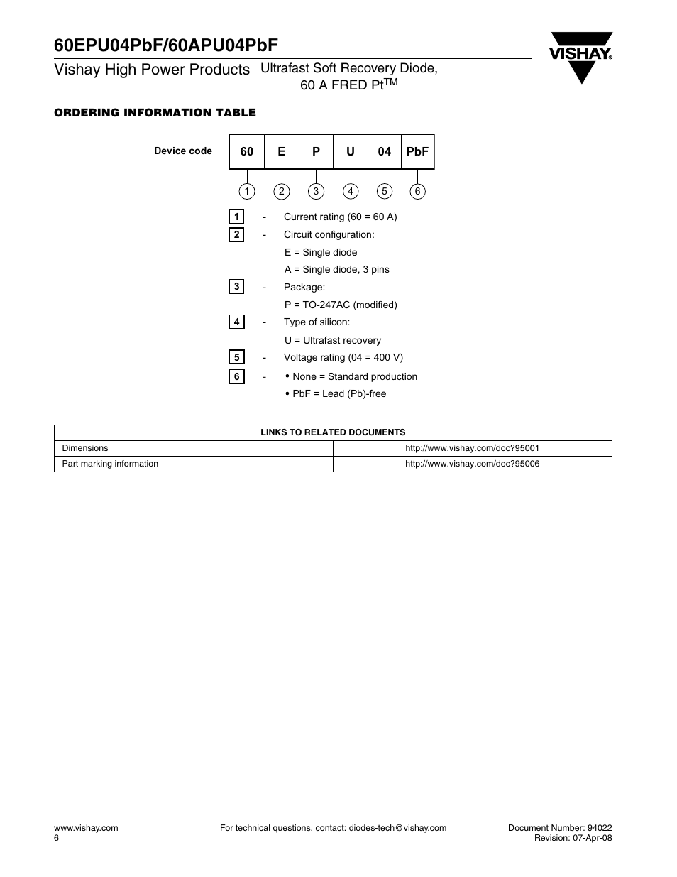 Vishay high power products, Ultrafast soft recovery diode, 60 a fred pt | Vishay 60APU04PbF User Manual | Page 6 / 7