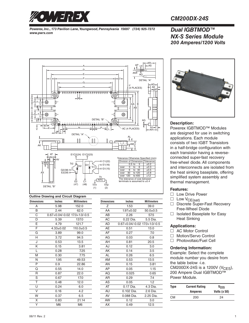 Dual igbtmod™ nx-s series module, Features: £ low drive power £ low v, 200 ampere dual igbtmod™ power module | C&H Technology CM200DX-24S User Manual | Page 2 / 7