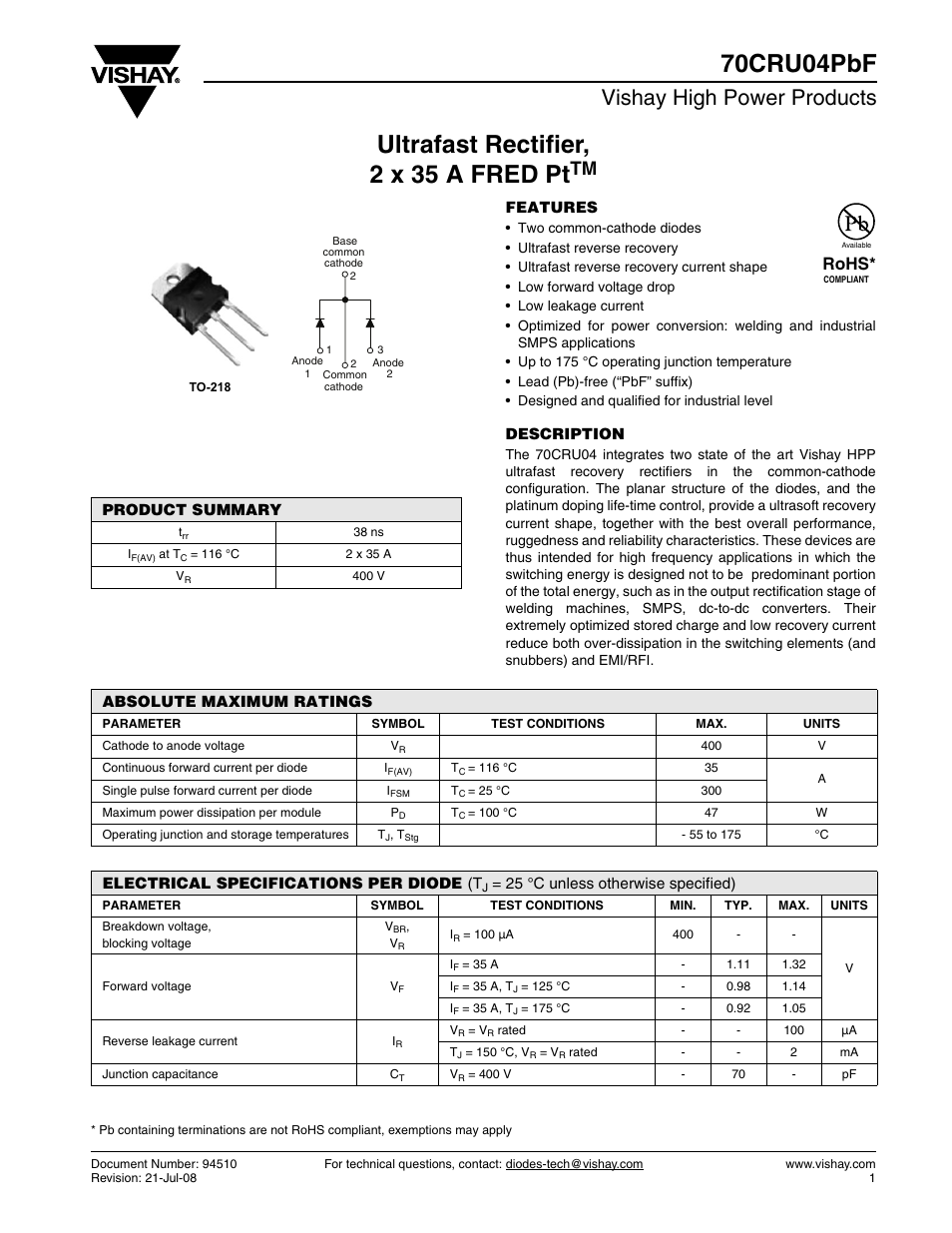 Vishay 70CRU04PbF User Manual | 6 pages