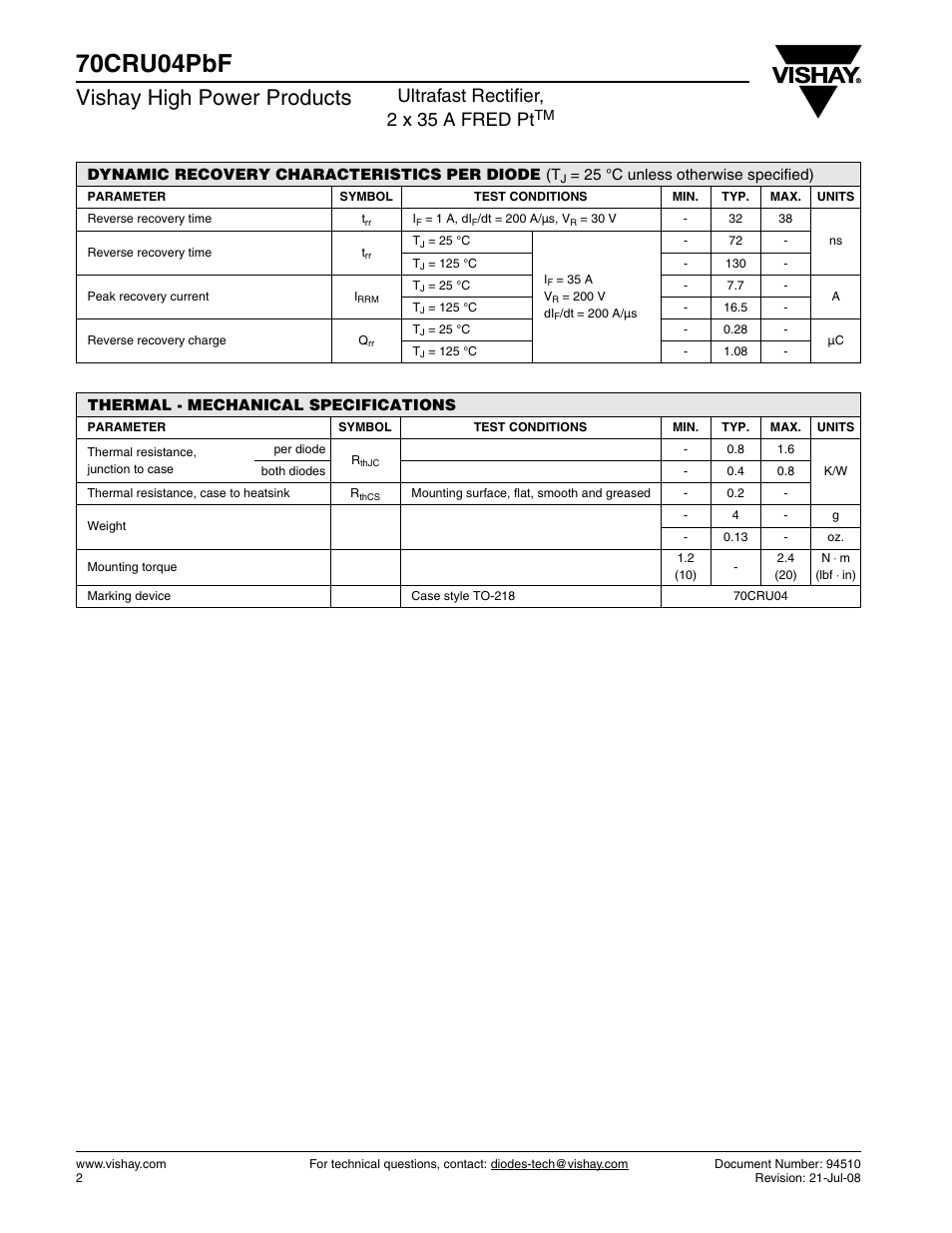 70cru04pbf, Vishay high power products, Ultrafast rectifier, 2 x 35 a fred pt | Vishay 70CRU04PbF User Manual | Page 2 / 6