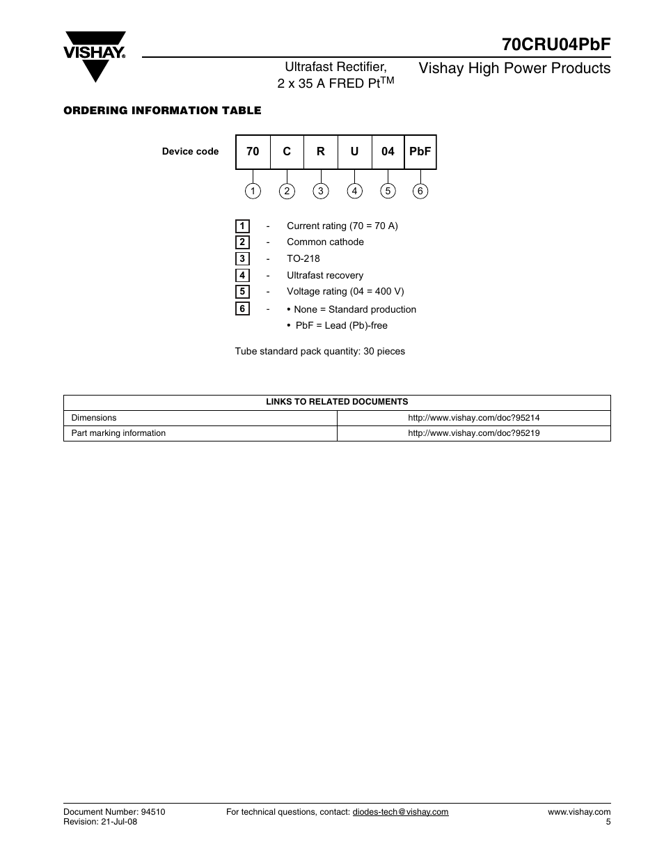 70cru04pbf, Vishay high power products, Ultrafast rectifier, 2 x 35 a fred pt | Vishay 70CRU04PbF User Manual | Page 5 / 6