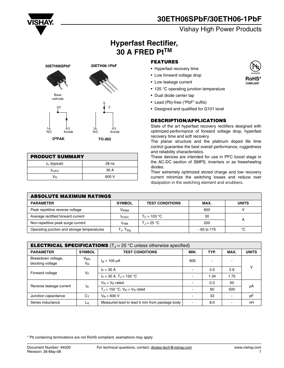 Vishay 30ETH06-1PbF User Manual | 7 pages