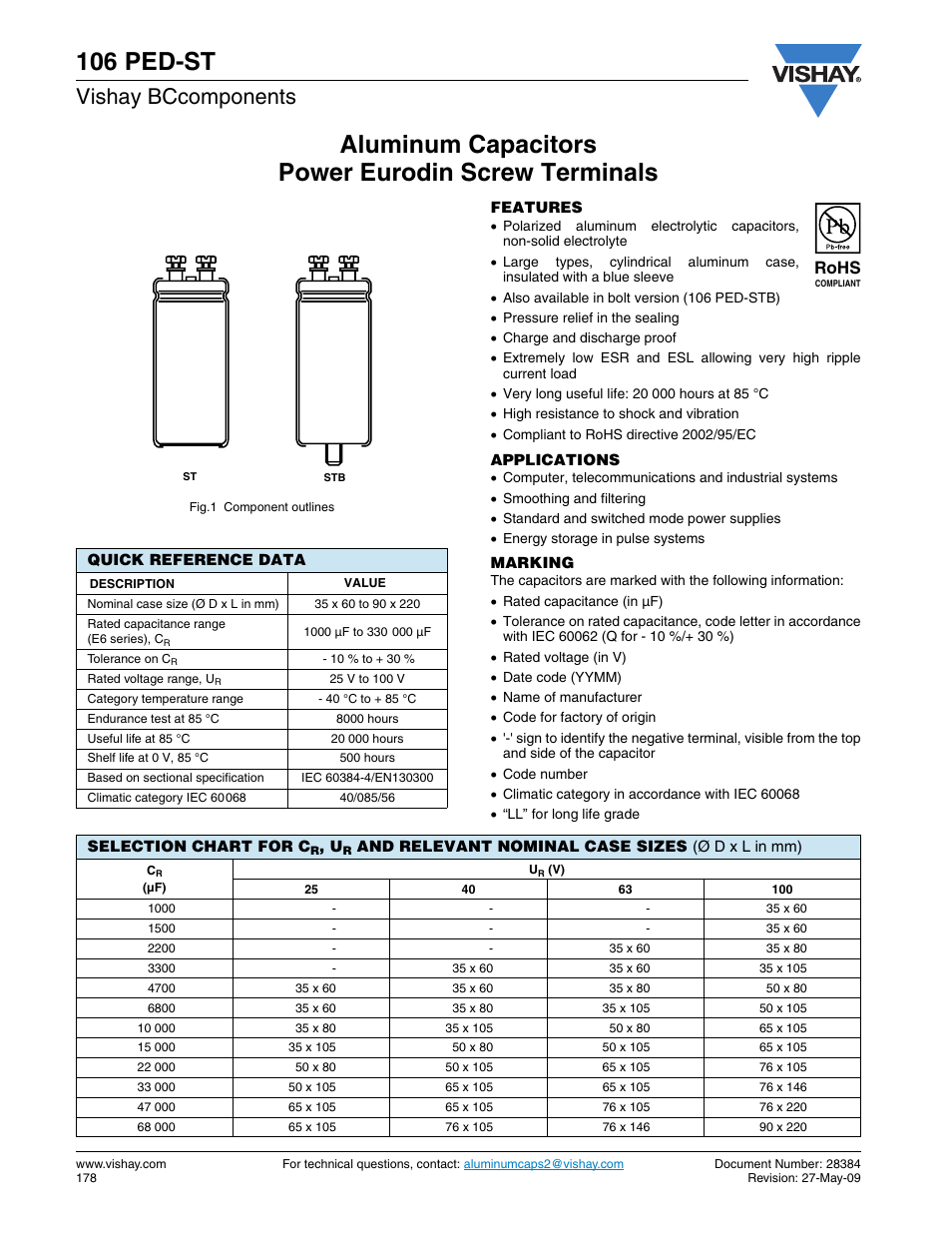 Datasheet, 106 ped-st, Aluminum capacitors power eurodin screw terminals | Vishay bccomponents, Rohs | C&H Technology 106 PED-ST User Manual | Page 2 / 7