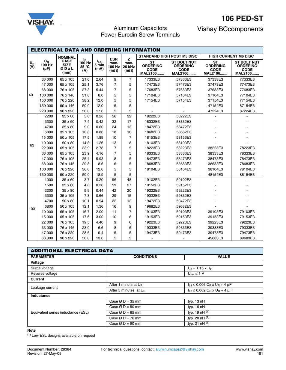 106 ped-st, Vishay bccomponents, Aluminum capacitors power eurodin screw terminals | C&H Technology 106 PED-ST User Manual | Page 5 / 7