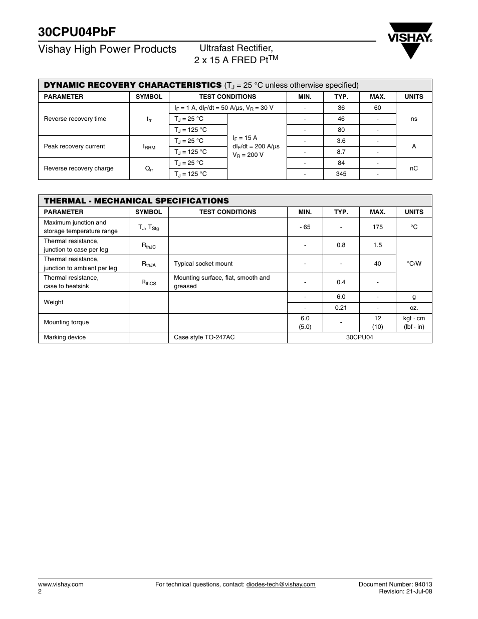 30cpu04pbf, Vishay high power products, Ultrafast rectifier, 2 x 15 a fred pt | Vishay 30CPU04PbF User Manual | Page 2 / 7