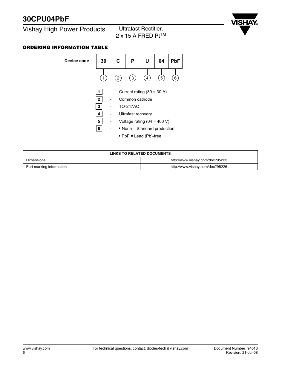 30cpu04pbf, Vishay high power products, Ultrafast rectifier, 2 x 15 a fred pt | Vishay 30CPU04PbF User Manual | Page 6 / 7