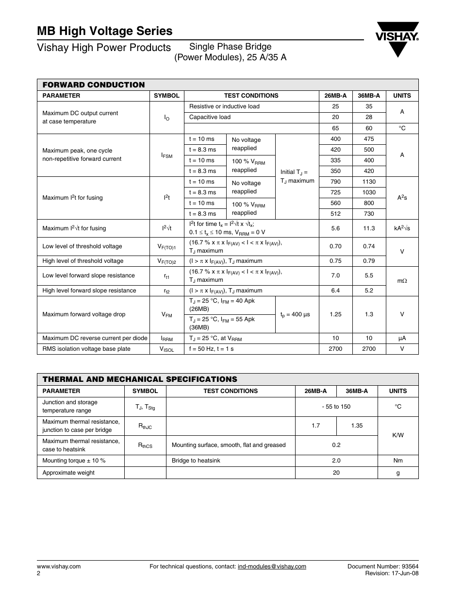 Mb high voltage series, Vishay high power products, Single phase bridge (power modules), 25 a/35 a | C&H Technology 36MB HV Series User Manual | Page 3 / 8