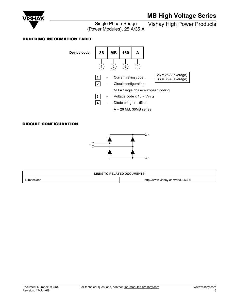 Mb high voltage series, Vishay high power products, Single phase bridge (power modules), 25 a/35 a | C&H Technology 36MB HV Series User Manual | Page 6 / 8