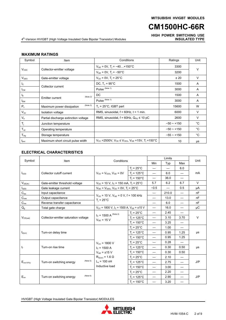 Maximum ratings, Electrical characteristics | C&H Technology CM1500HC-66R User Manual | Page 3 / 10