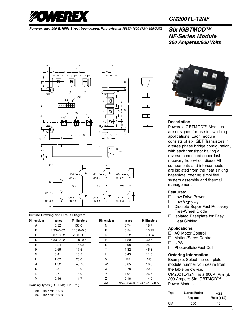 Six igbtmod™ nf-series module, Features: £ low drive power £ low v, 200 ampere six-igbtmod™ power module | C&H Technology CM200TL-12NF User Manual | Page 2 / 5