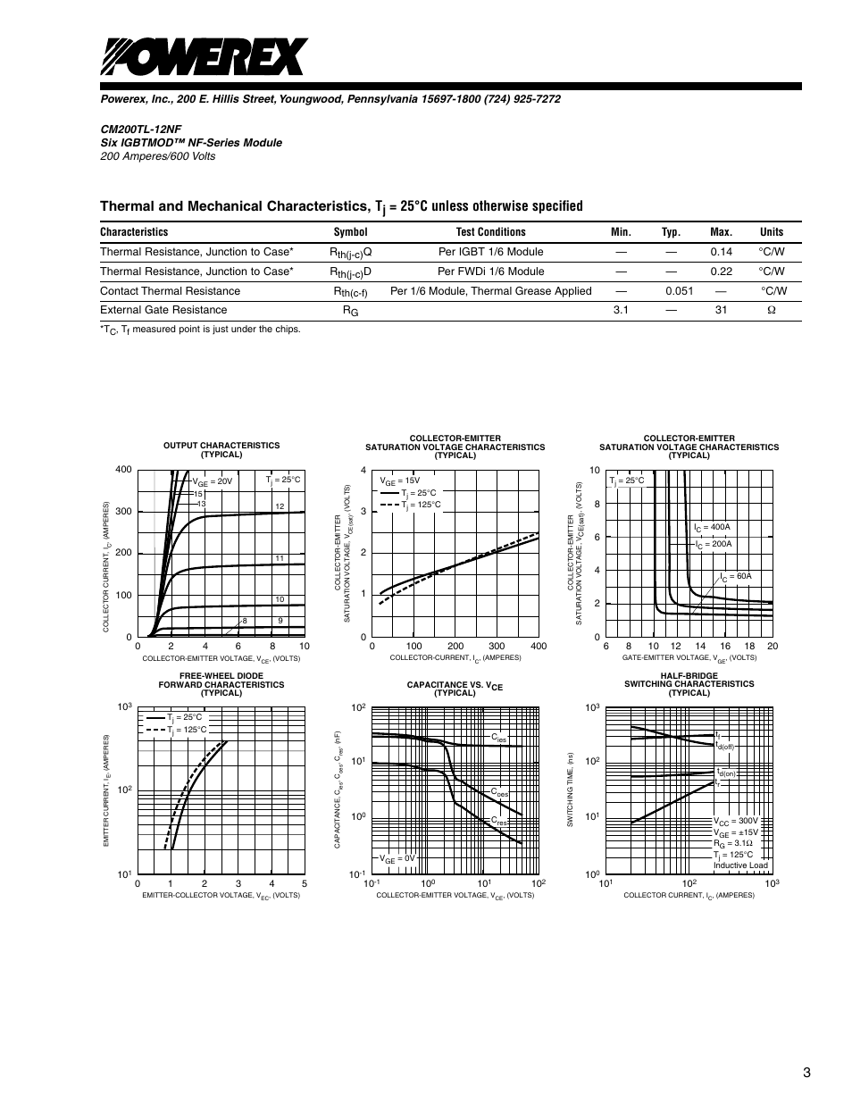 Thermal and mechanical characteristics, t, 25°c unless otherwise speciﬁed | C&H Technology CM200TL-12NF User Manual | Page 4 / 5