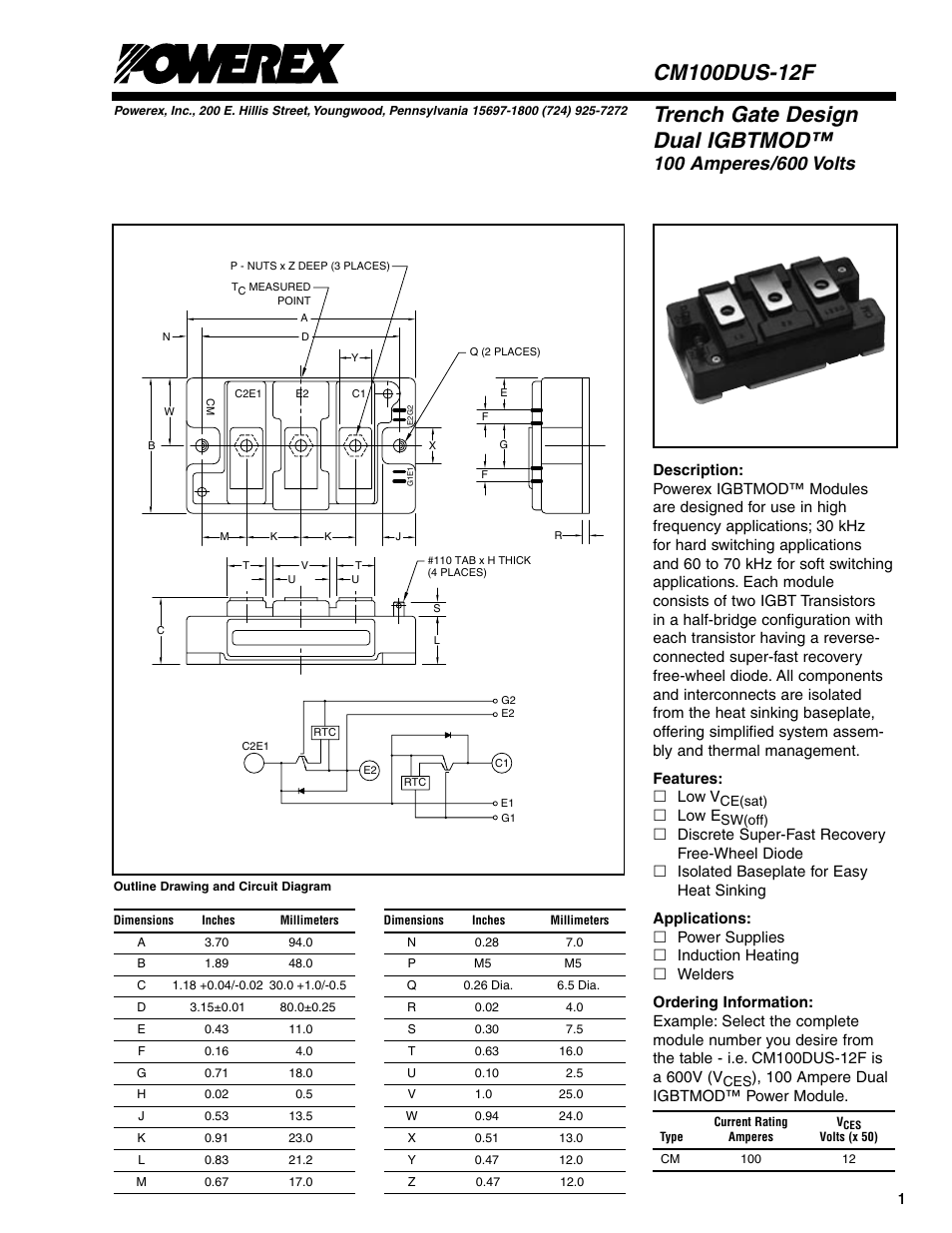 Trench gate design dual igbtmod | C&H Technology CM100DUS-12F User Manual | Page 2 / 5