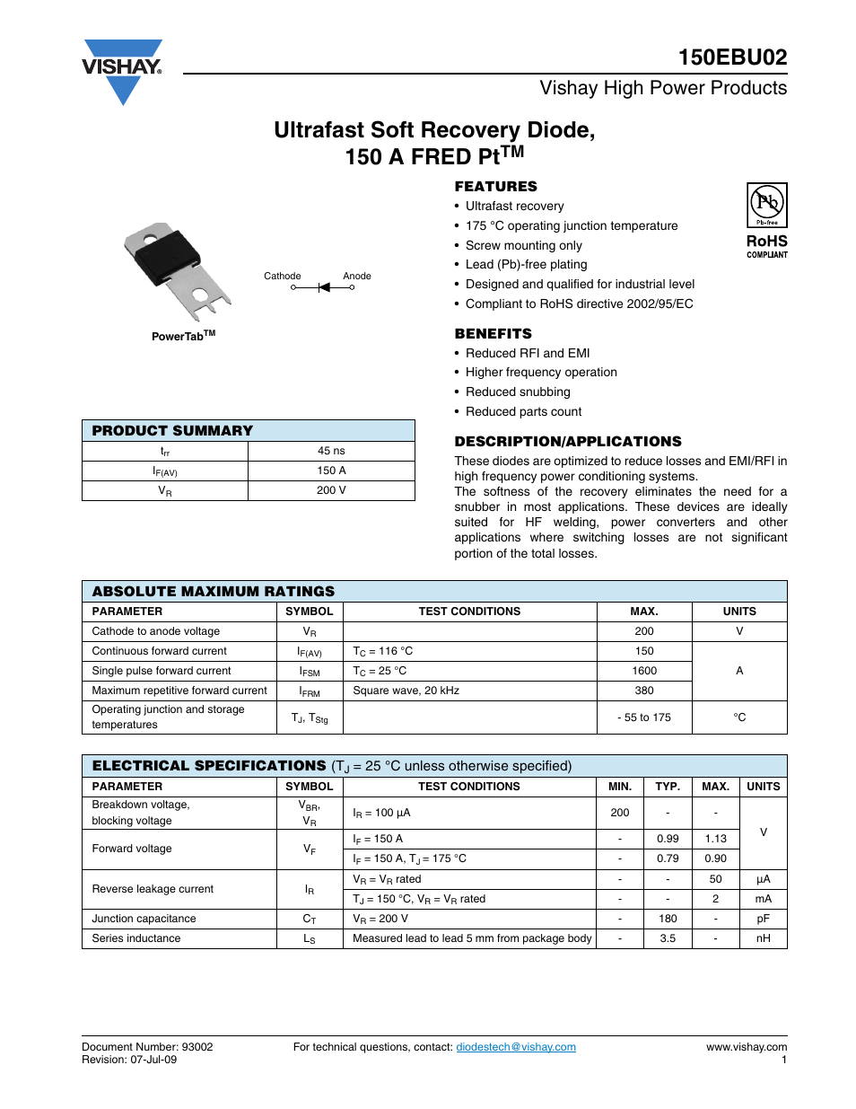 Datasheet, Ultrafast soft recovery diode, 150 a fred pt, Vishay high power products | C&H Technology 150EBU02 User Manual | Page 2 / 8