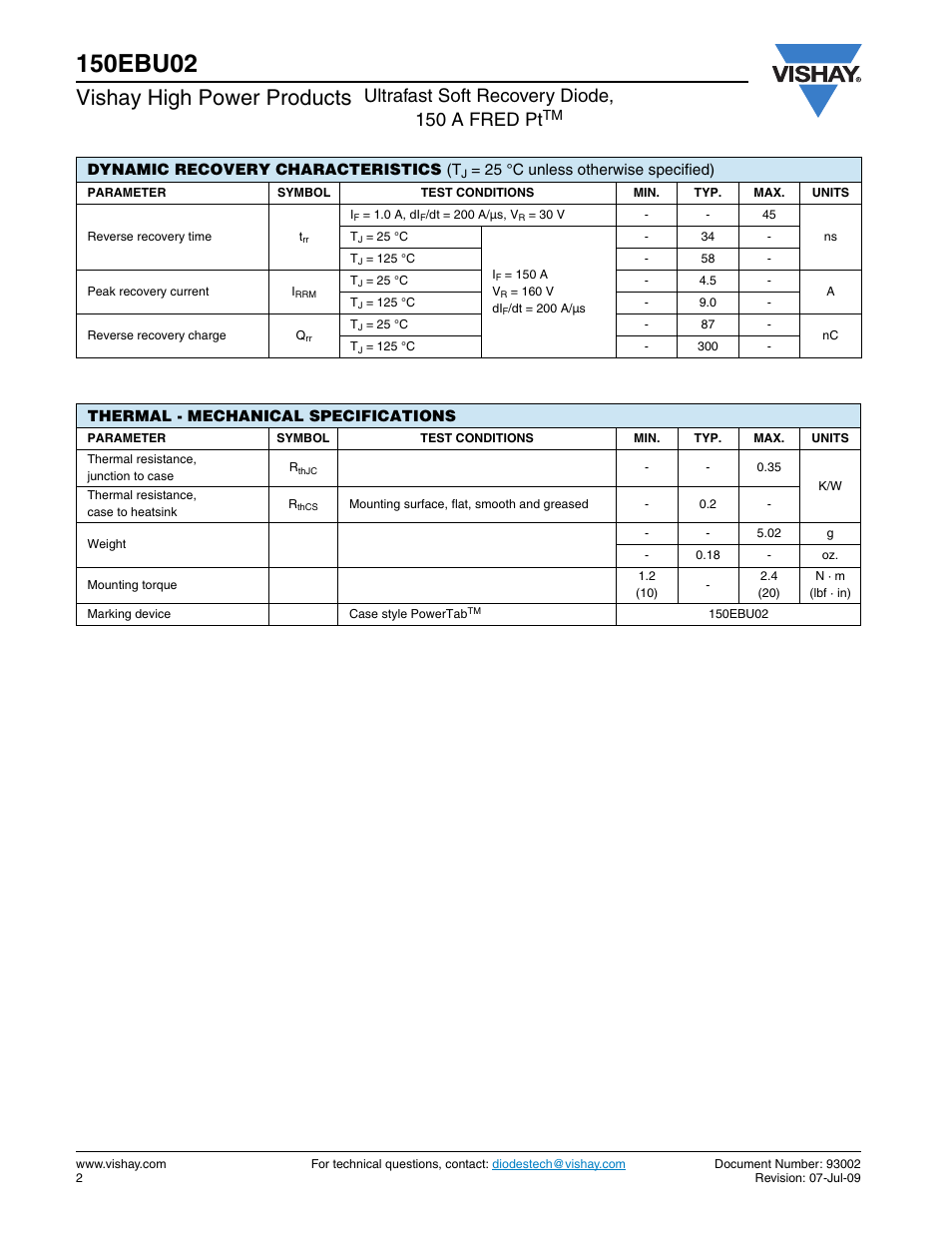 Vishay high power products, Ultrafast soft recovery diode, 150 a fred pt | C&H Technology 150EBU02 User Manual | Page 3 / 8