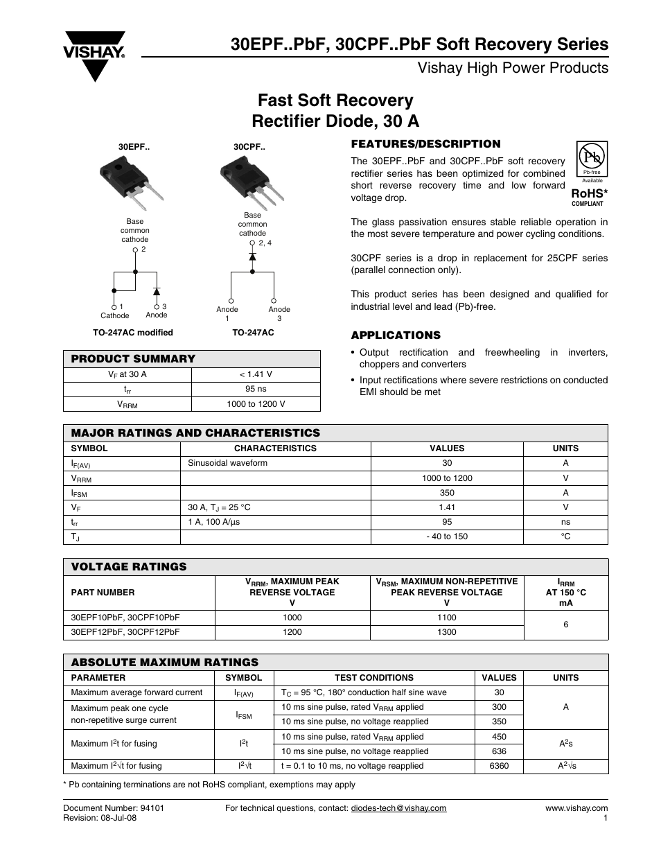 Vishay 30CPF..PbF Soft Recovery Series User Manual | 7 pages