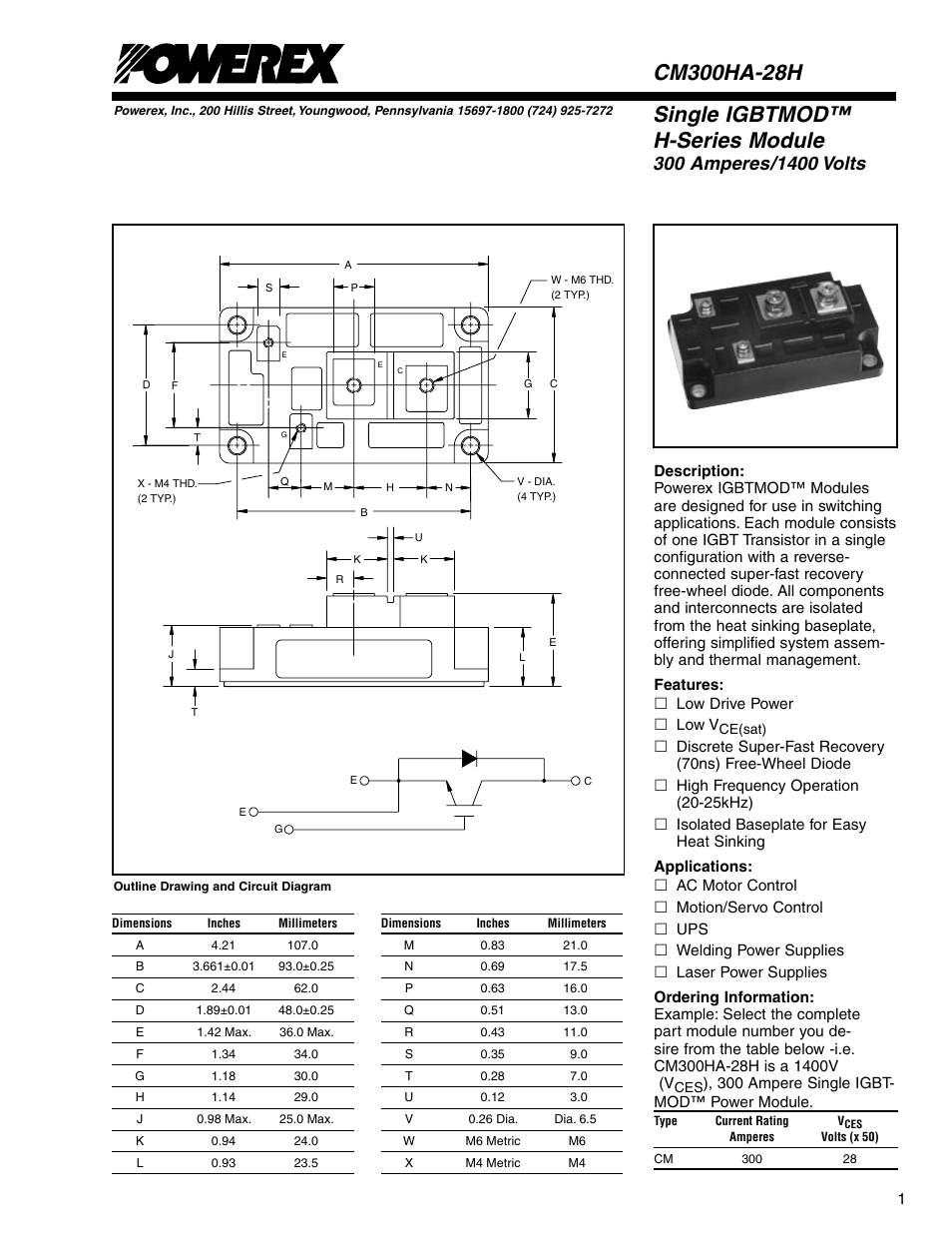 Single igbtmod™ h-series module | C&H Technology CM300HA-28H User Manual | Page 2 / 5