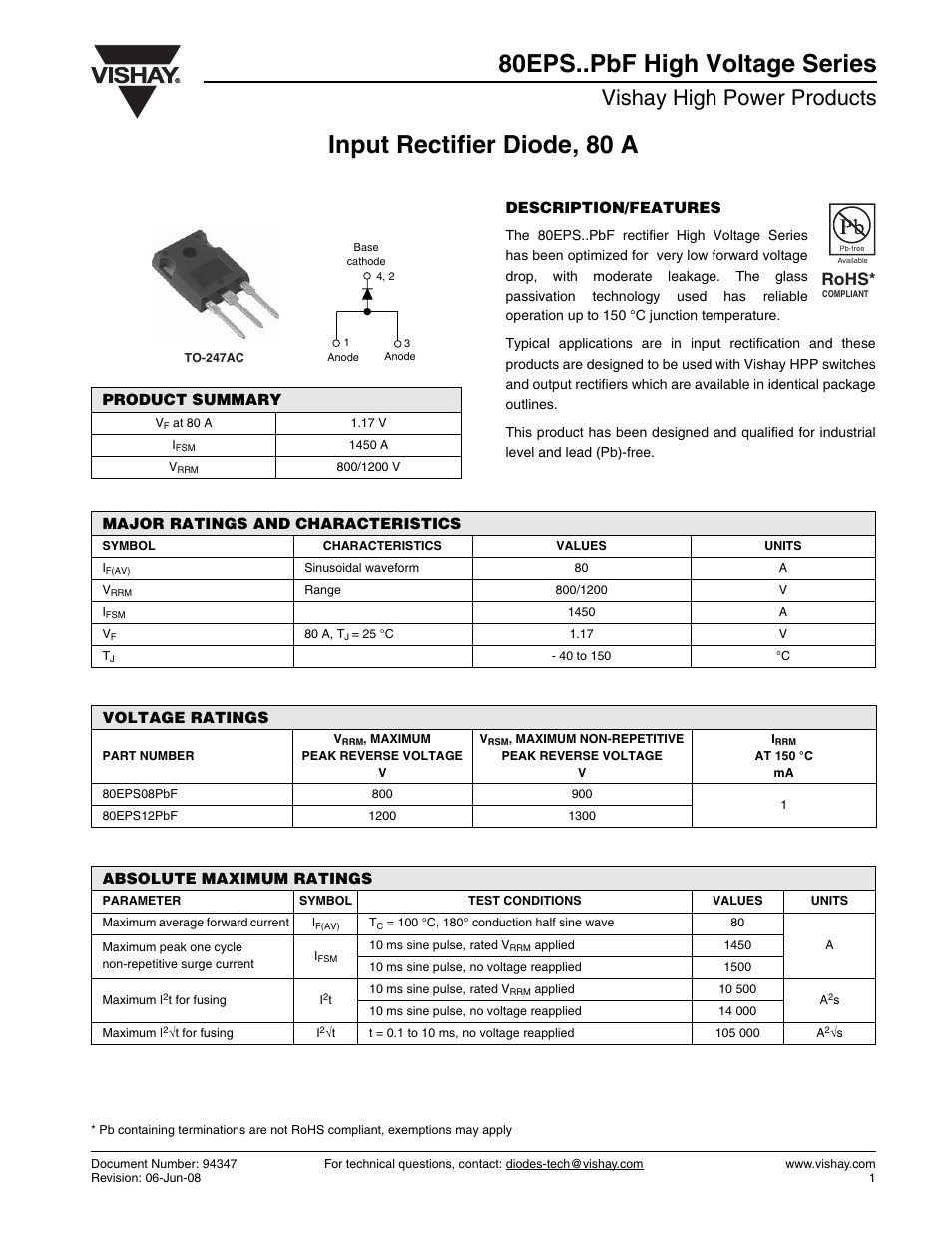 Datasheet, Input rectifier diode, 80 a, 80eps..pbf high voltage series | Vishay high power products, Rohs | C&H Technology 80EPS..PbF High Voltage Series User Manual | Page 2 / 7
