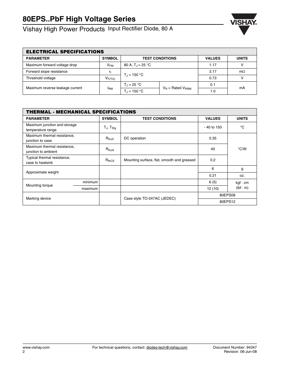80eps..pbf high voltage series, Vishay high power products, Input rectifier diode, 80 a | C&H Technology 80EPS..PbF High Voltage Series User Manual | Page 3 / 7