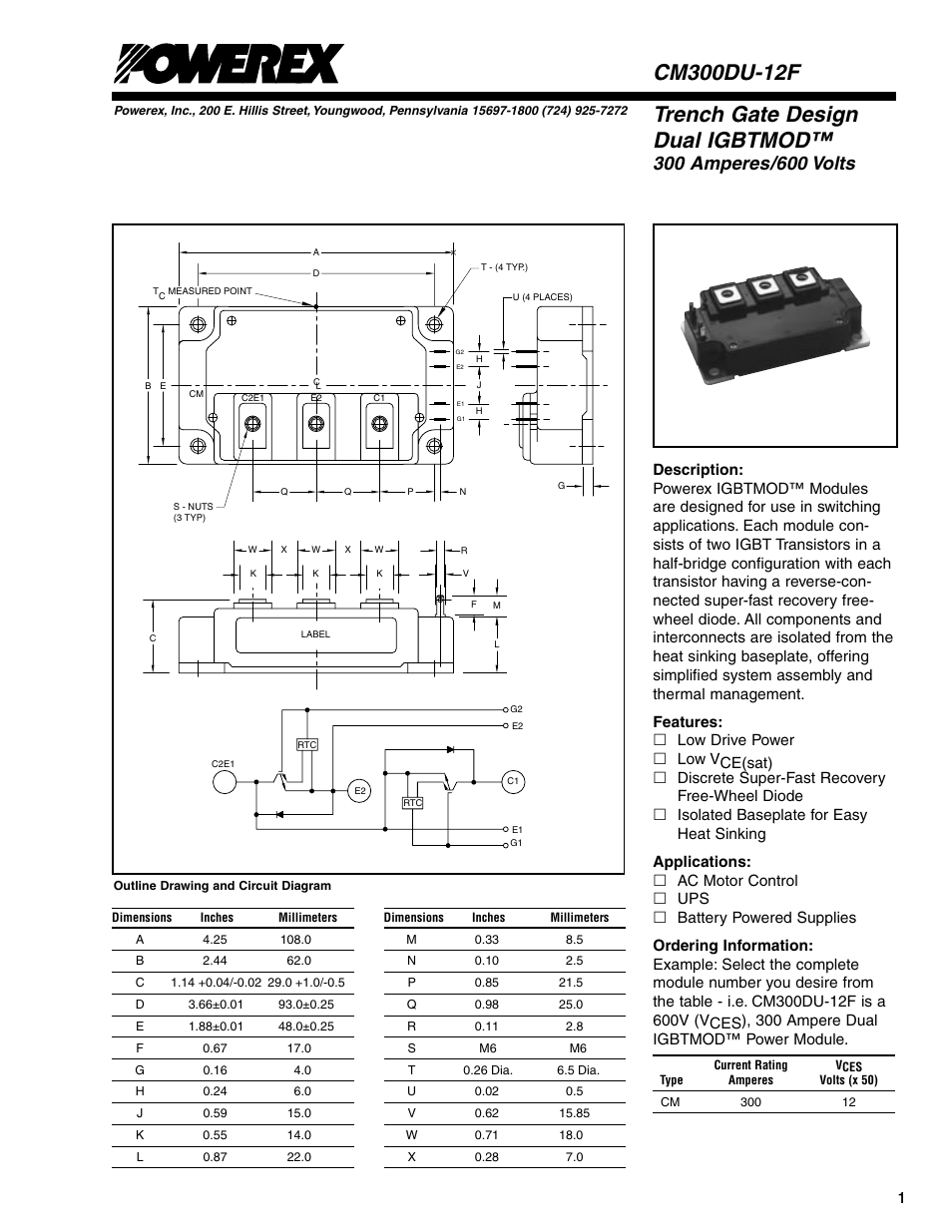 Trench gate design dual igbtmod | C&H Technology CM300DU-12F User Manual | Page 2 / 5