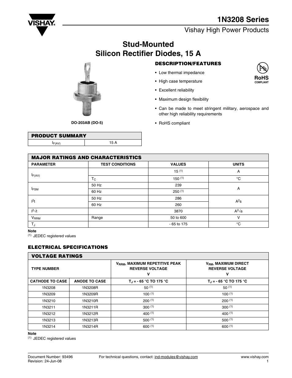 Datasheet, Vishay high power products, Rohs | C&H Technology 1N3208 User Manual | Page 2 / 5