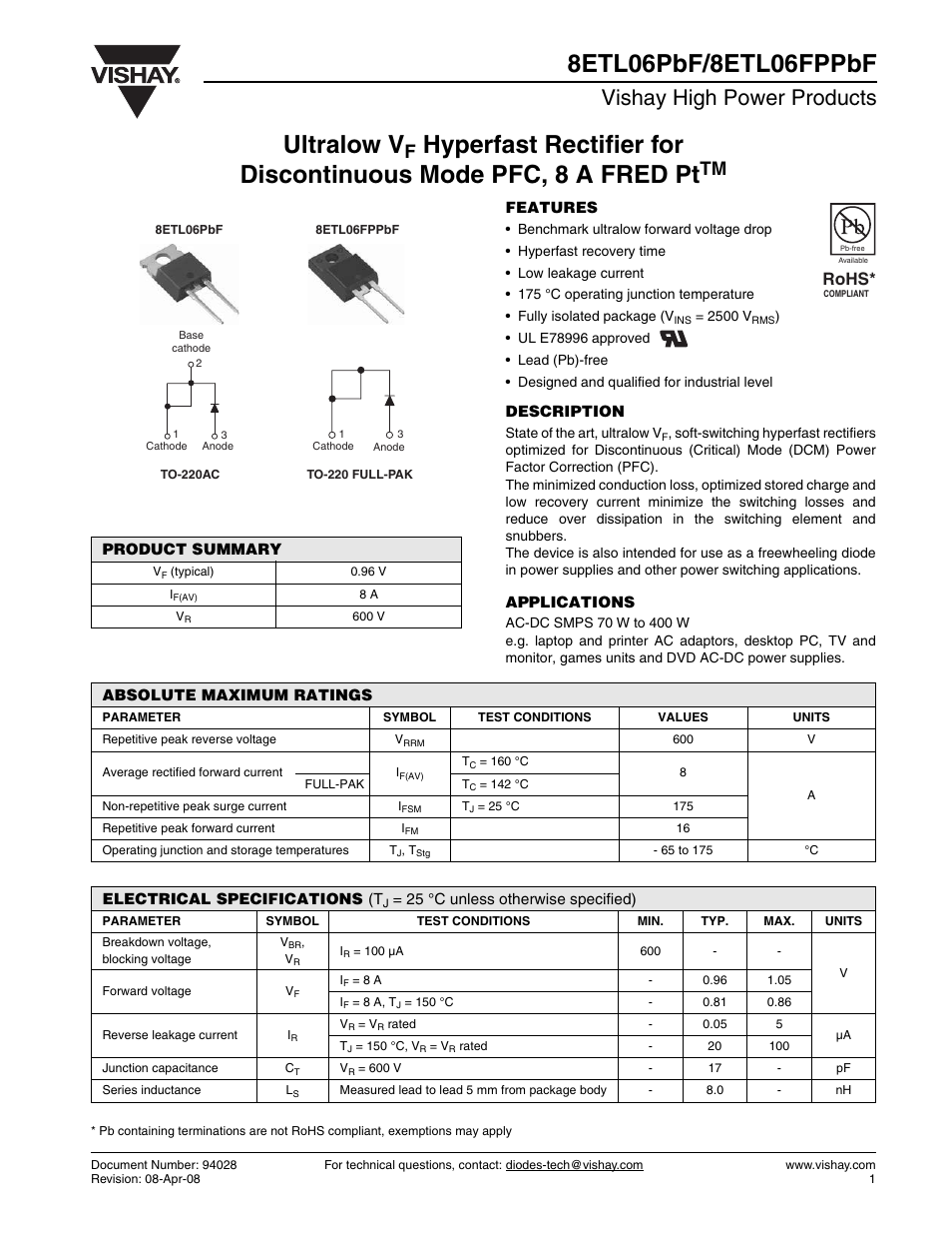 Vishay 8ETL06FPPbF User Manual | 7 pages