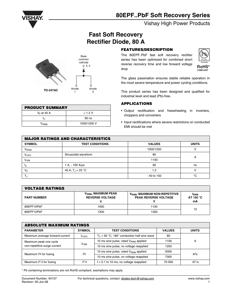 Vishay 80EPF..PbF Soft Recovery Series User Manual | 7 pages