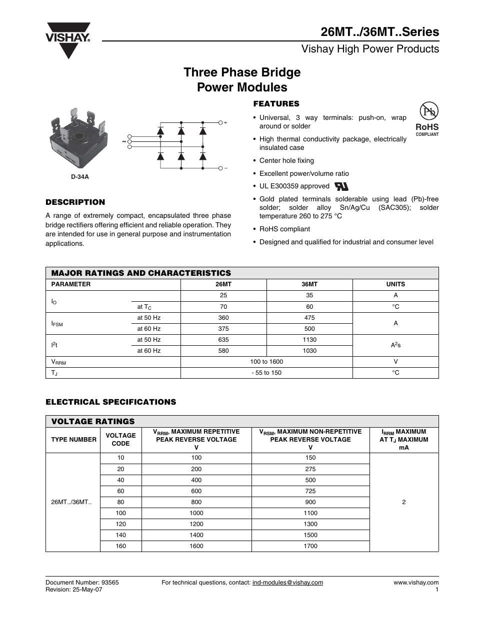 Vishay high power products, Rohs | C&H Technology 36MT..Series User Manual | Page 2 / 7