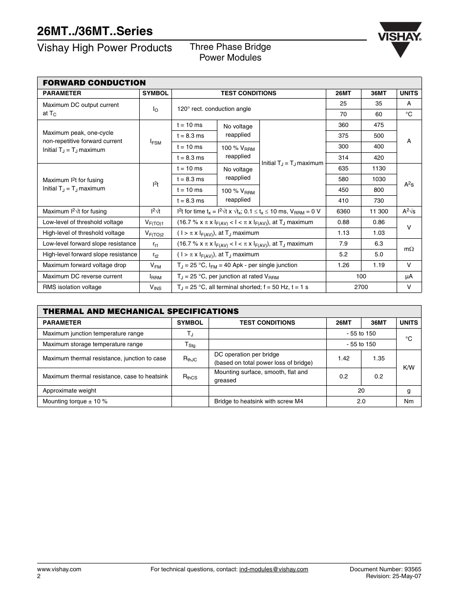 26mt../36mt..series, Vishay high power products, Three phase bridge power modules | C&H Technology 36MT..Series User Manual | Page 3 / 7