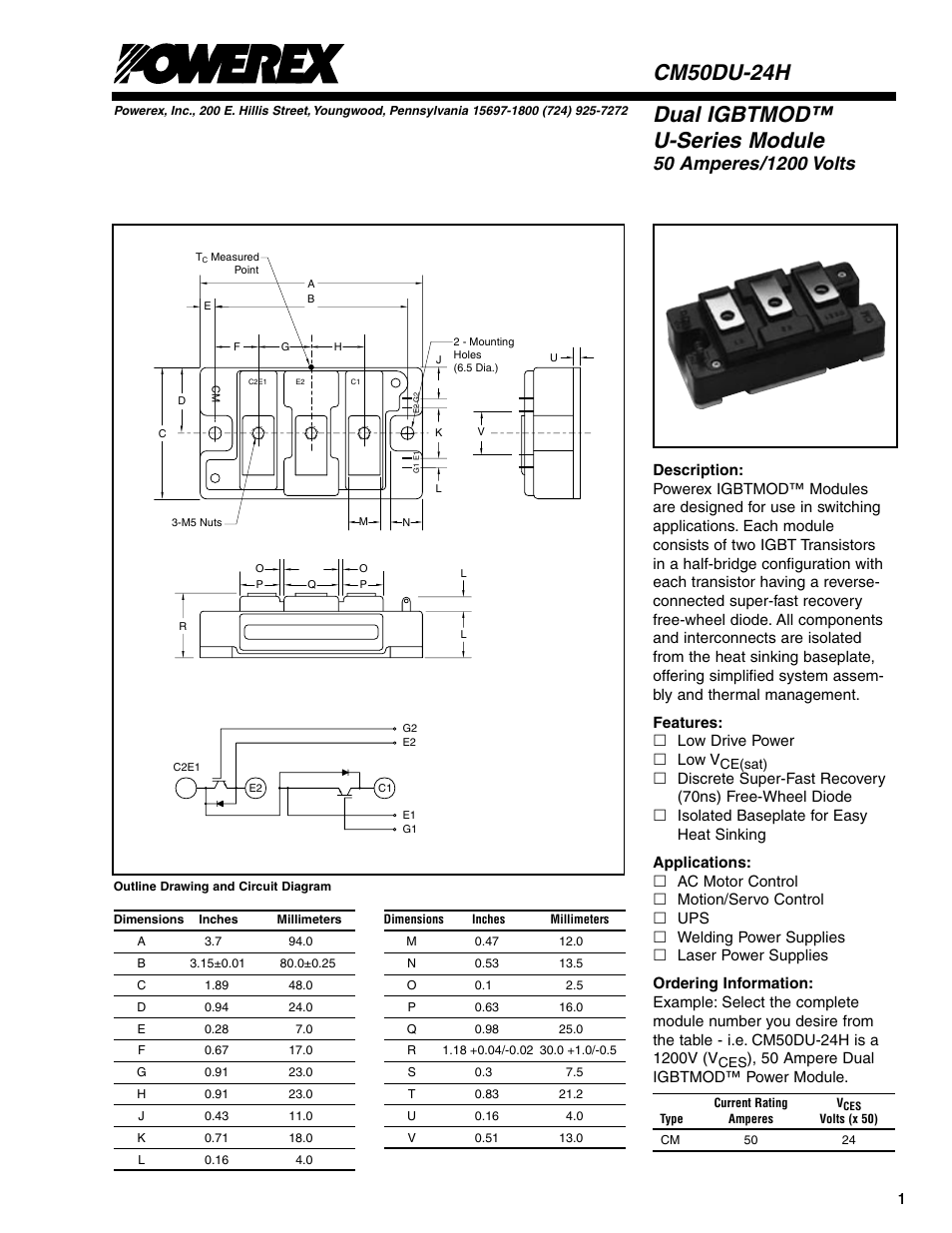 Dual igbtmod™ u-series module, Cm50du-24h | C&H Technology CM50DU-24H User Manual | Page 2 / 5