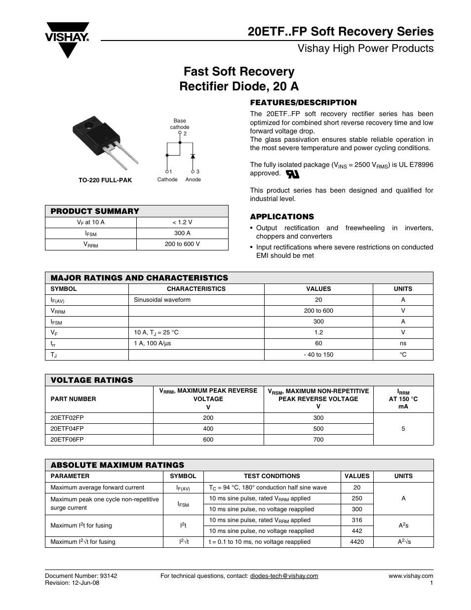 Vishay 20ETF..FP Soft Recovery Series User Manual | 7 pages