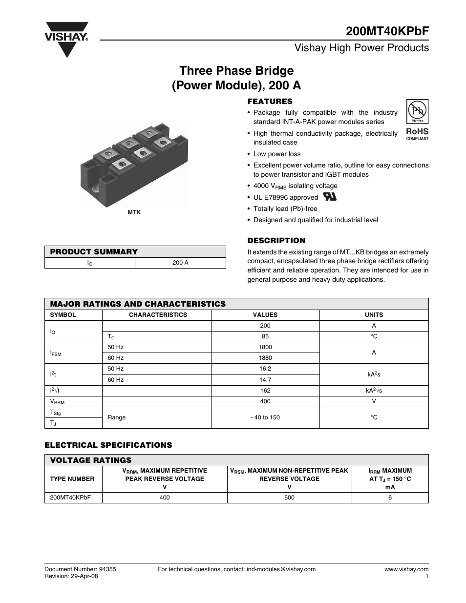 Datasheet, Vishay high power products, Rohs | C&H Technology 200MT40KPbF User Manual | Page 2 / 6