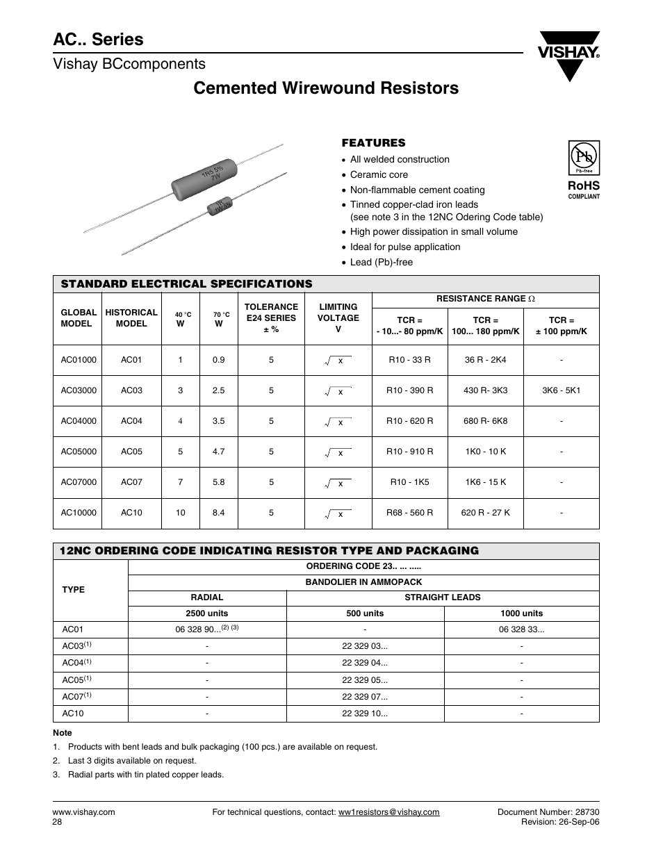 Ac.. series, Cemented wirewound resistors, Vishay bccomponents | Rohs | C&H Technology AC.. Series User Manual | Page 2 / 9