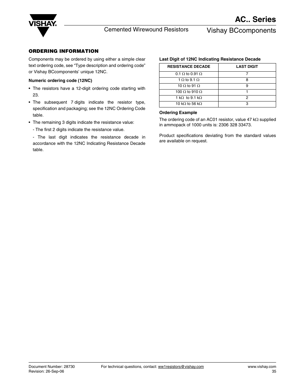 Ac.. series, Vishay bccomponents, Cemented wirewound resistors | C&H Technology AC.. Series User Manual | Page 9 / 9