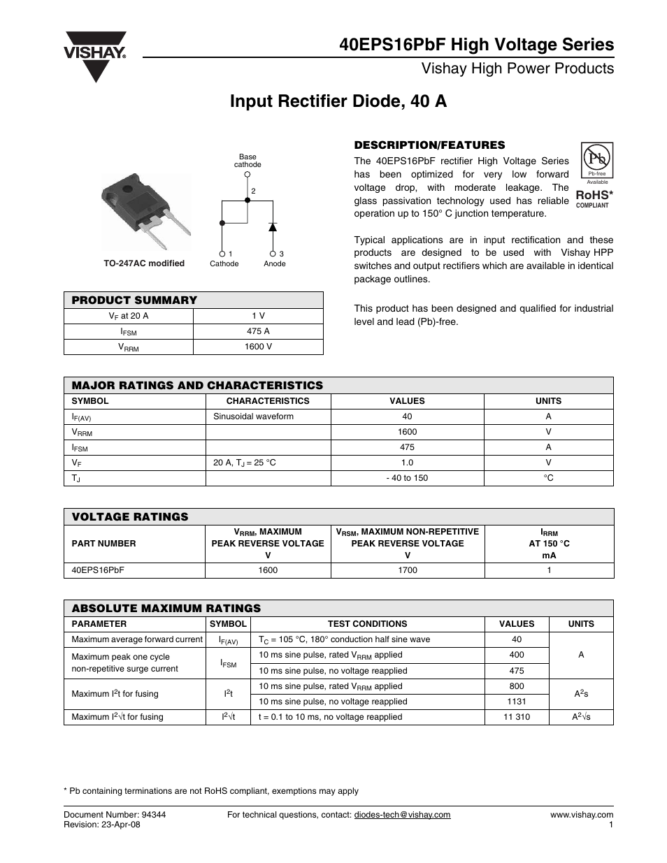Datasheet, Input rectifier diode, 40 a, 40eps16pbf high voltage series | Vishay high power products, Rohs | C&H Technology 40EPS16PbF High Voltage Series User Manual | Page 2 / 6