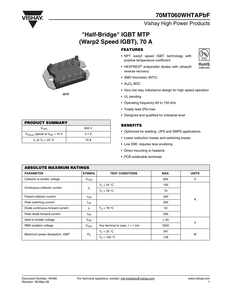 Datasheet, Vishay high power products, Rohs | C&H Technology 70MT060WHTAPBF User Manual | Page 2 / 9