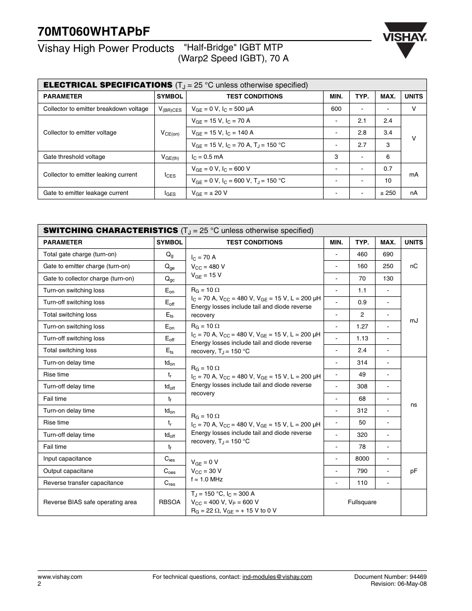 Vishay high power products, Half-bridge" igbt mtp (warp2 speed igbt), 70 a, Electrical specifications (t | 25 °c unless otherwise specified), Switching characteristics (t | C&H Technology 70MT060WHTAPBF User Manual | Page 3 / 9