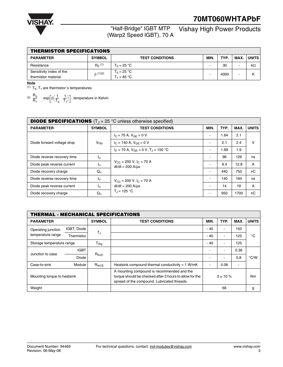 Vishay high power products, Half-bridge" igbt mtp (warp2 speed igbt), 70 a | C&H Technology 70MT060WHTAPBF User Manual | Page 4 / 9