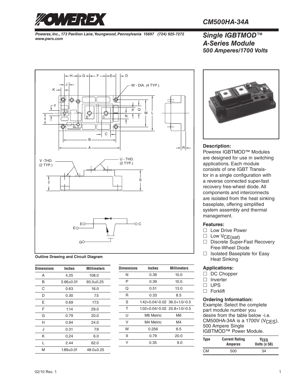 Single igbtmod™ a-series module | C&H Technology CM500HA-34A User Manual | Page 2 / 5