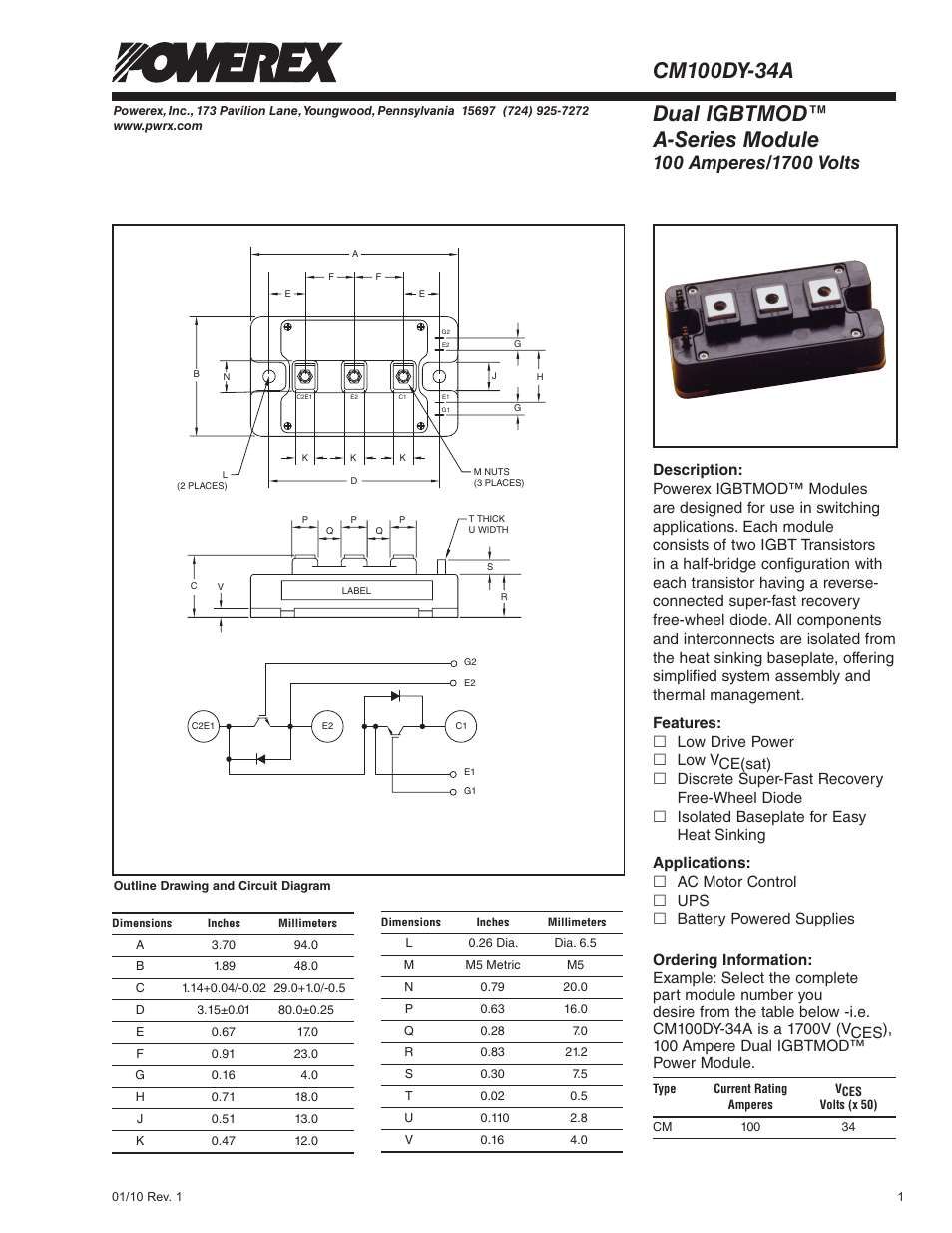 Dual igbtmod™ a-series module | C&H Technology CM100DY-34A User Manual | Page 2 / 5