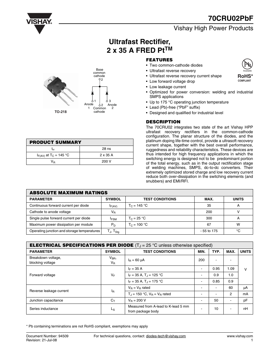 Vishay 70CRU02PbF User Manual | 7 pages