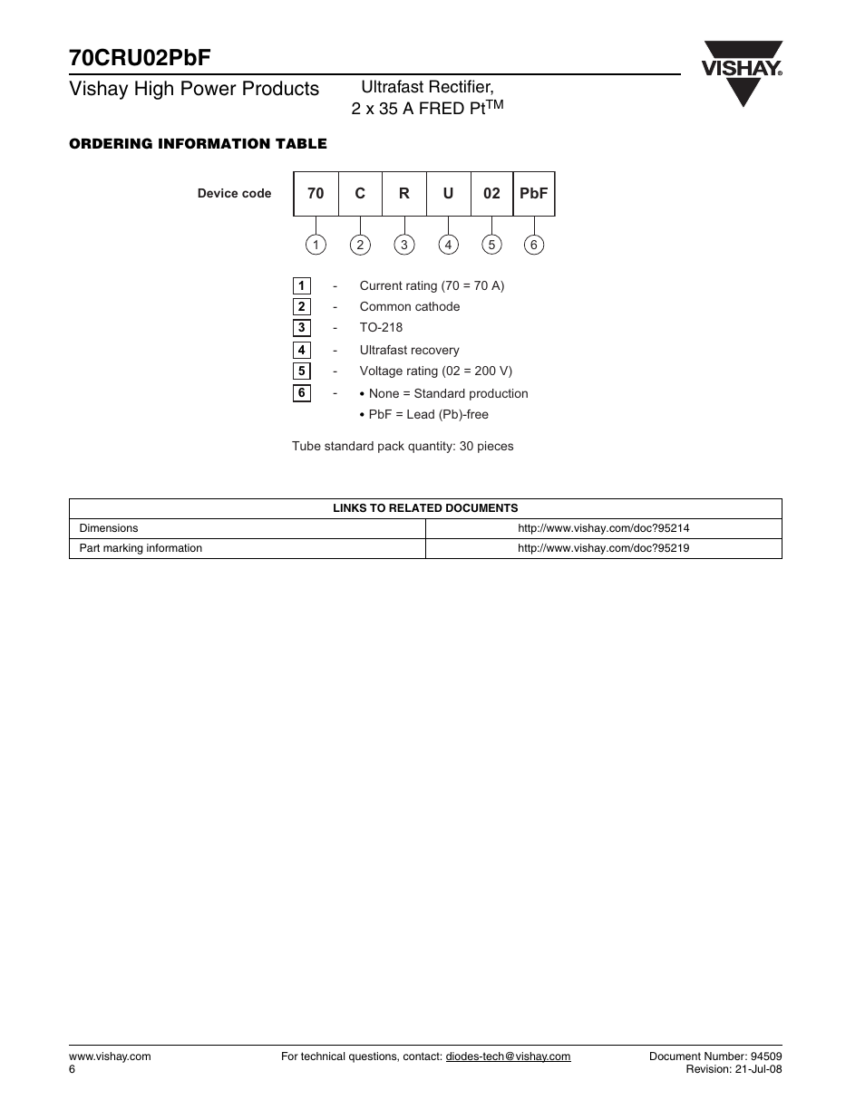 70cru02pbf, Vishay high power products, Ultrafast rectifier, 2 x 35 a fred pt | Vishay 70CRU02PbF User Manual | Page 6 / 7